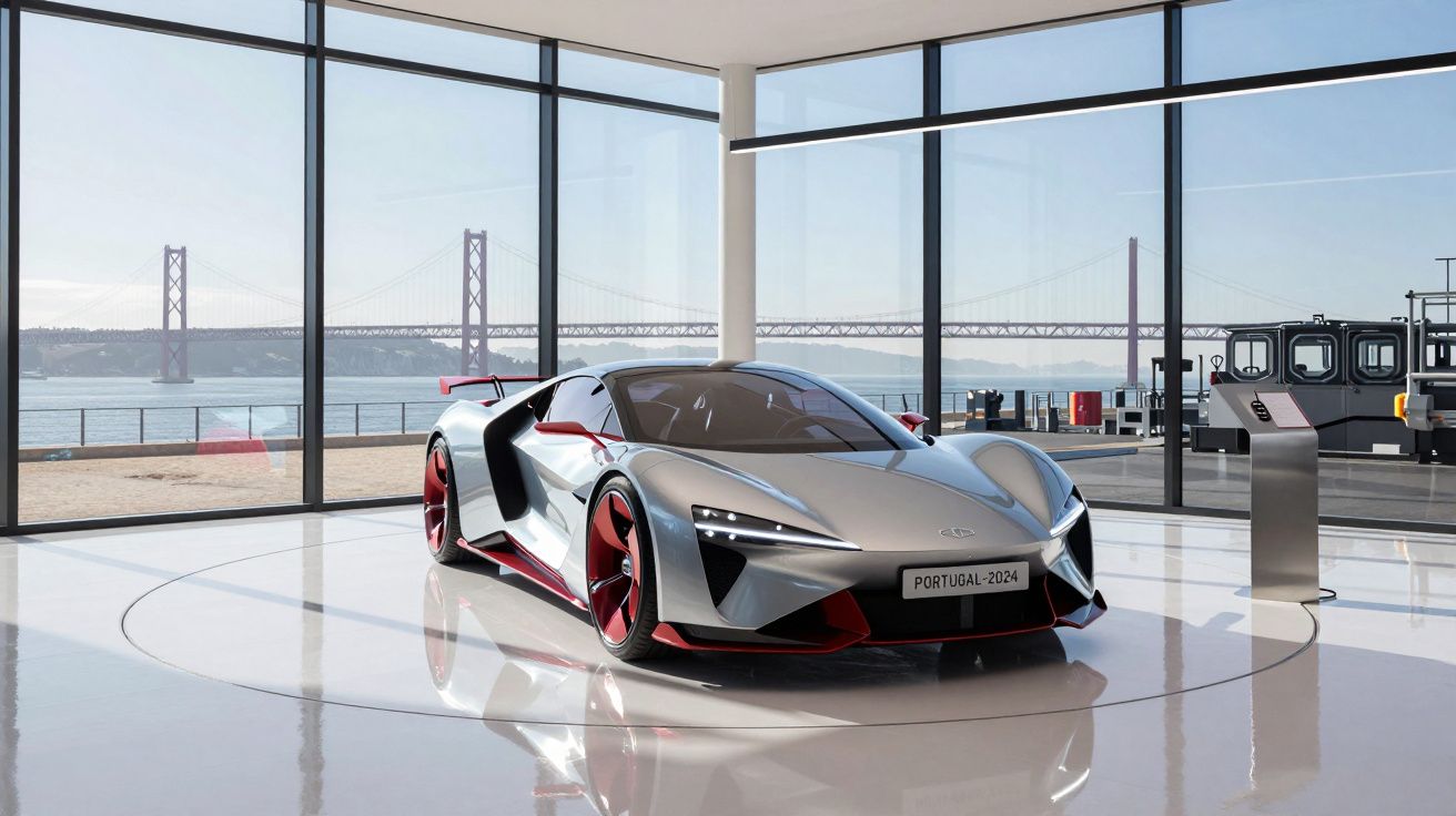 Carro desportivo cinza com detalhes vermelhos num espaço com paredes de vidro e vista para uma ponte.