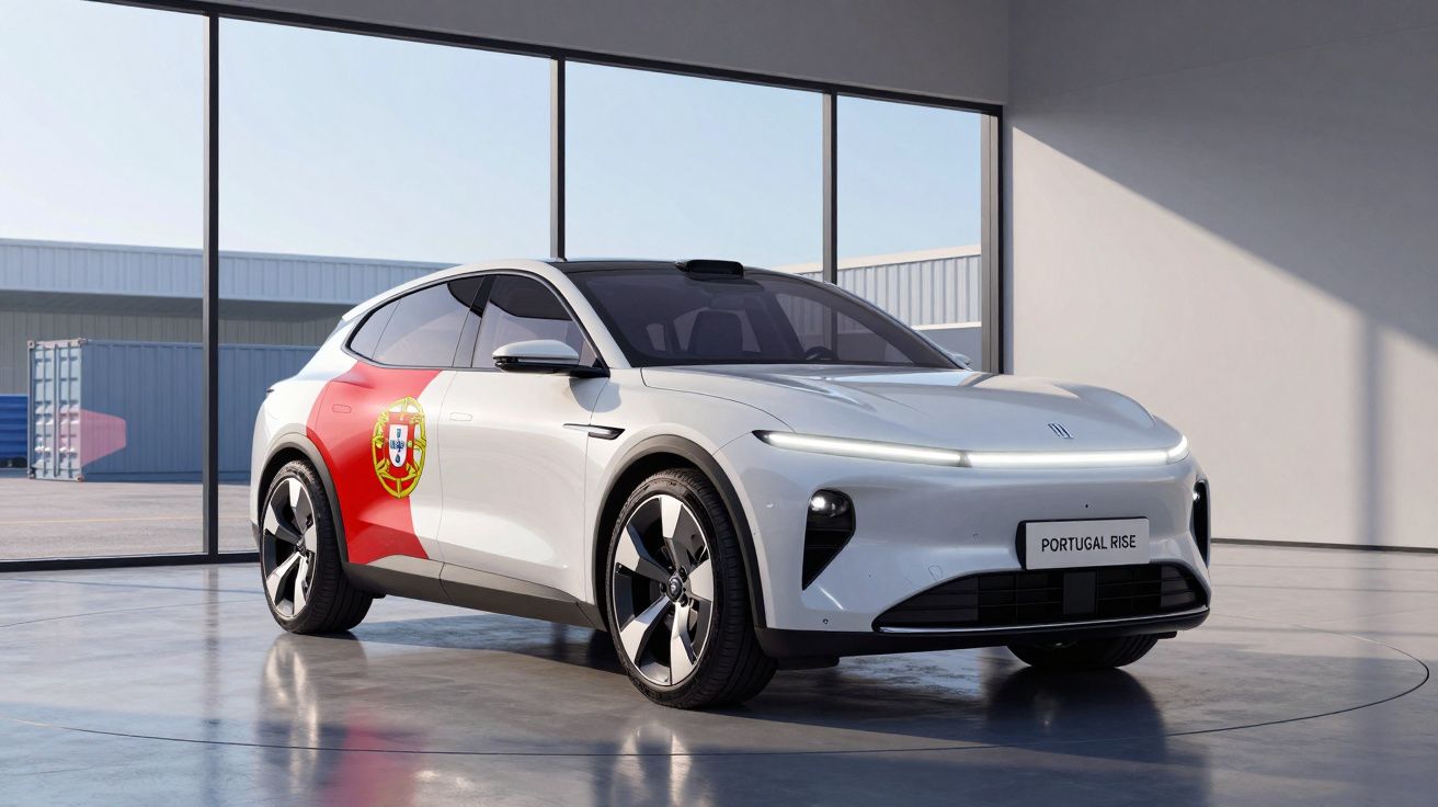 Carro elétrico branco com design moderno e bandeira de Portugal numa garagem com grandes janelas.