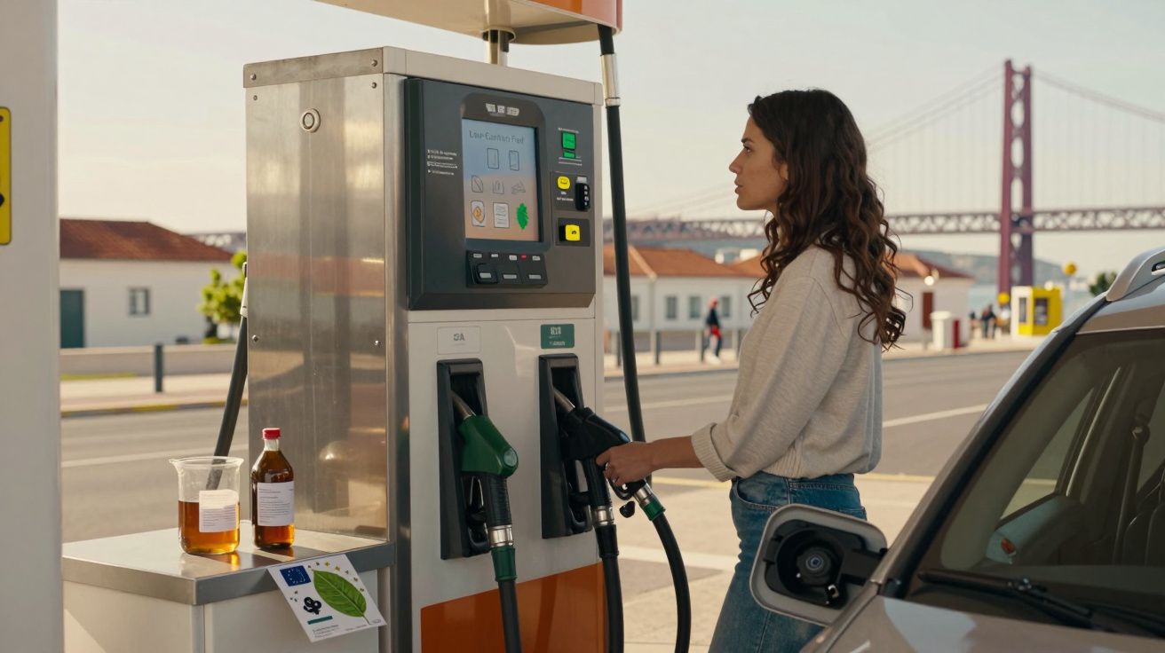 Mulher a abastecer carro num posto de combustível com ponte e casas ao fundo.