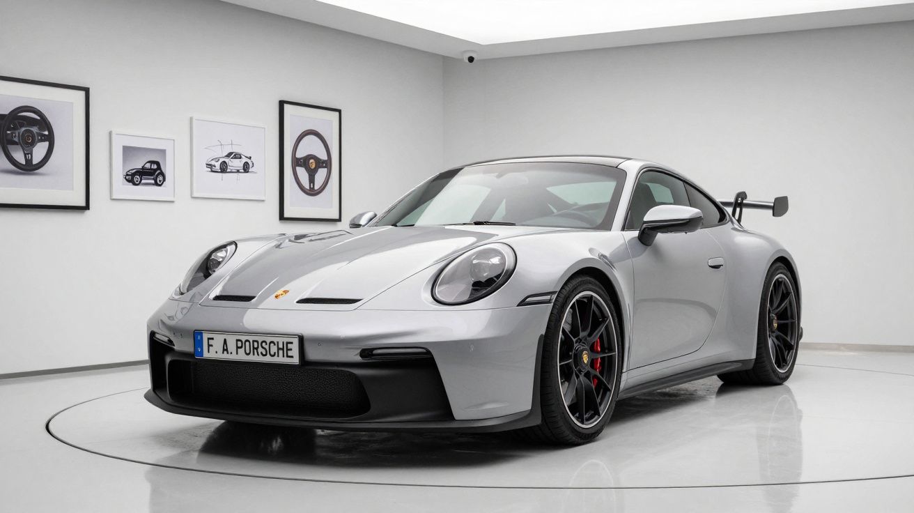 Carro desportivo Porsche cinzento estacionado em exibição numa sala branca com quadros de carros na parede.