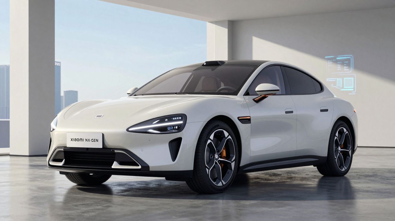 Carro elétrico branco Xiaomi NX GEN estacionado em ambiente interno moderno e iluminado.