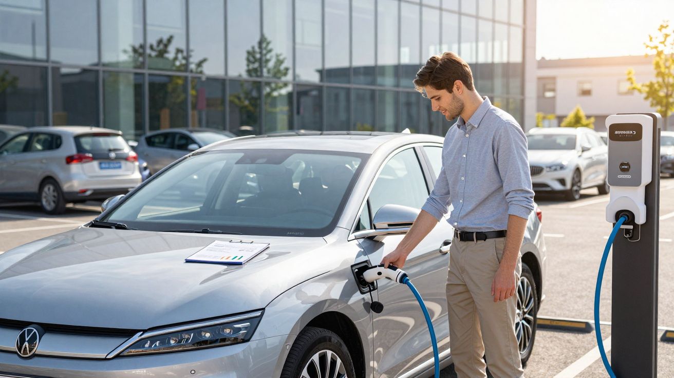 Homem a carregar um carro elétrico prateado numa estação de carregamento num parque estacionamento ao ar livre.