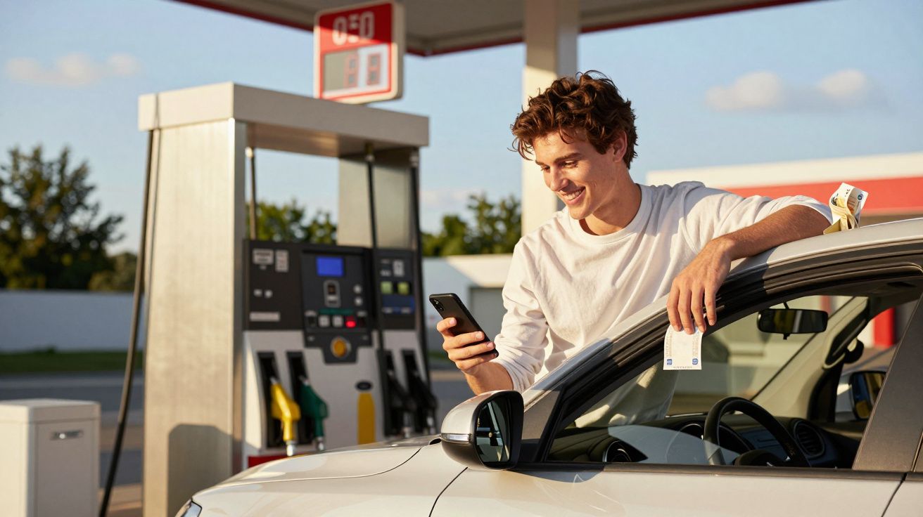 Homem sorridente no posto de combustível a usar telemóvel junto ao carro branco numa tarde ensolarada.