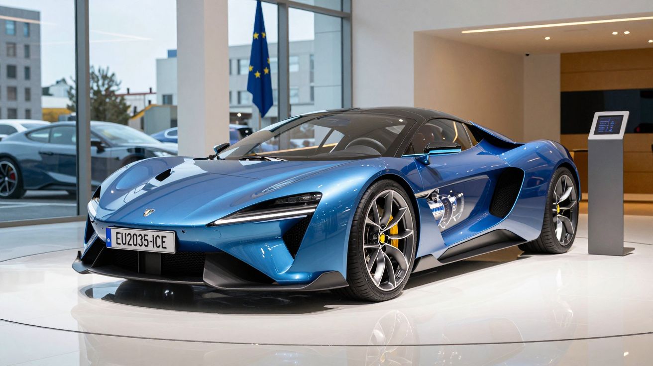 Carro desportivo azul metálico em exposição numa sala moderna com chão branco e janelas grandes.