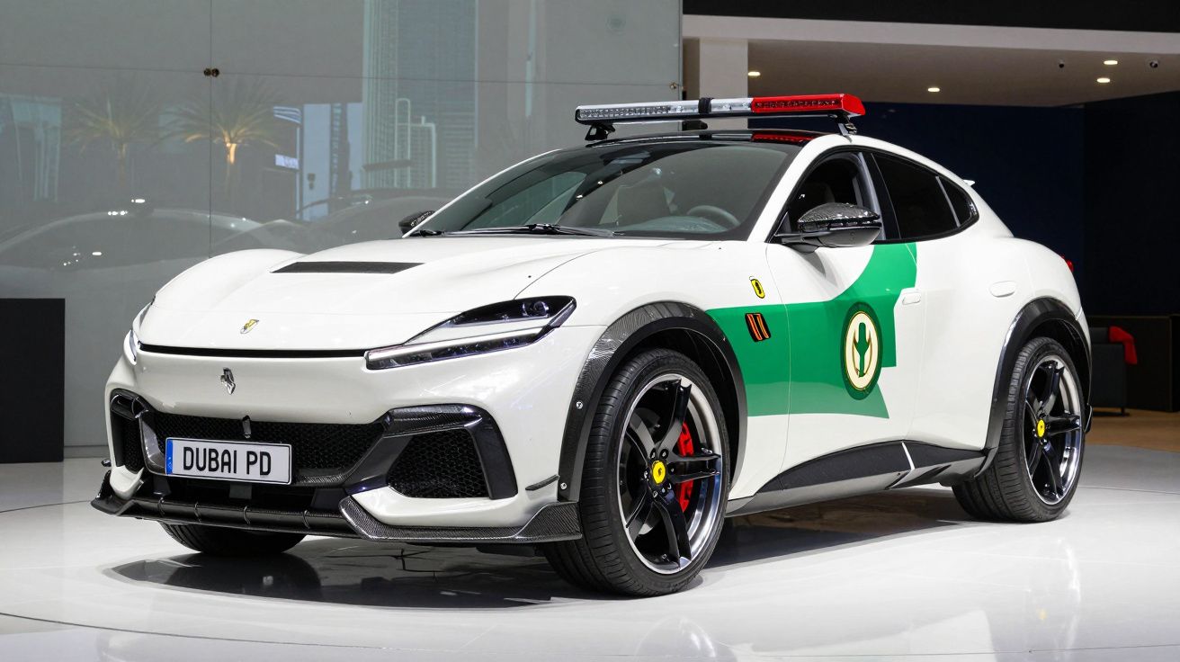 Carro de polícia branco e verde de alta performance com luzes no tejadilho, exposto em interior moderno.