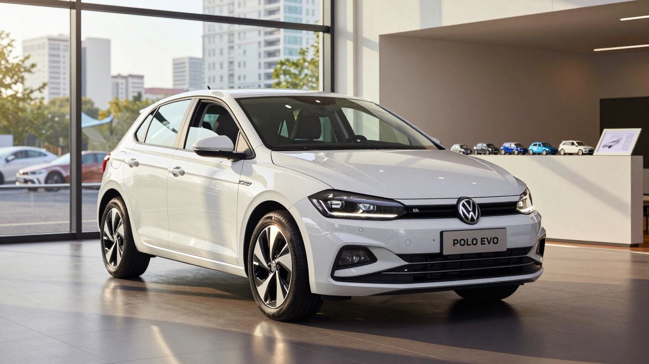Carro branco Volkswagen Polo Evo estacionado num showroom moderno e luminoso.