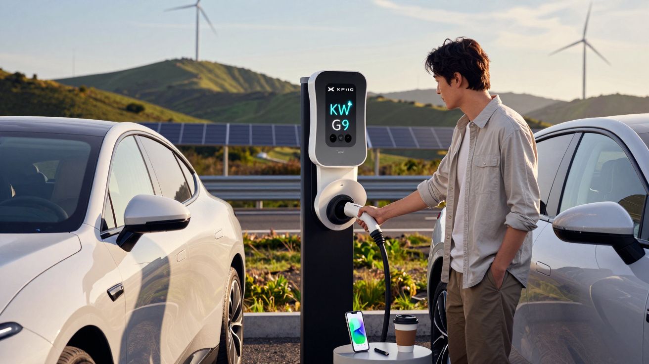 Homem a carregar um carro elétrico num posto com painéis solares e turbinas eólicas ao fundo.