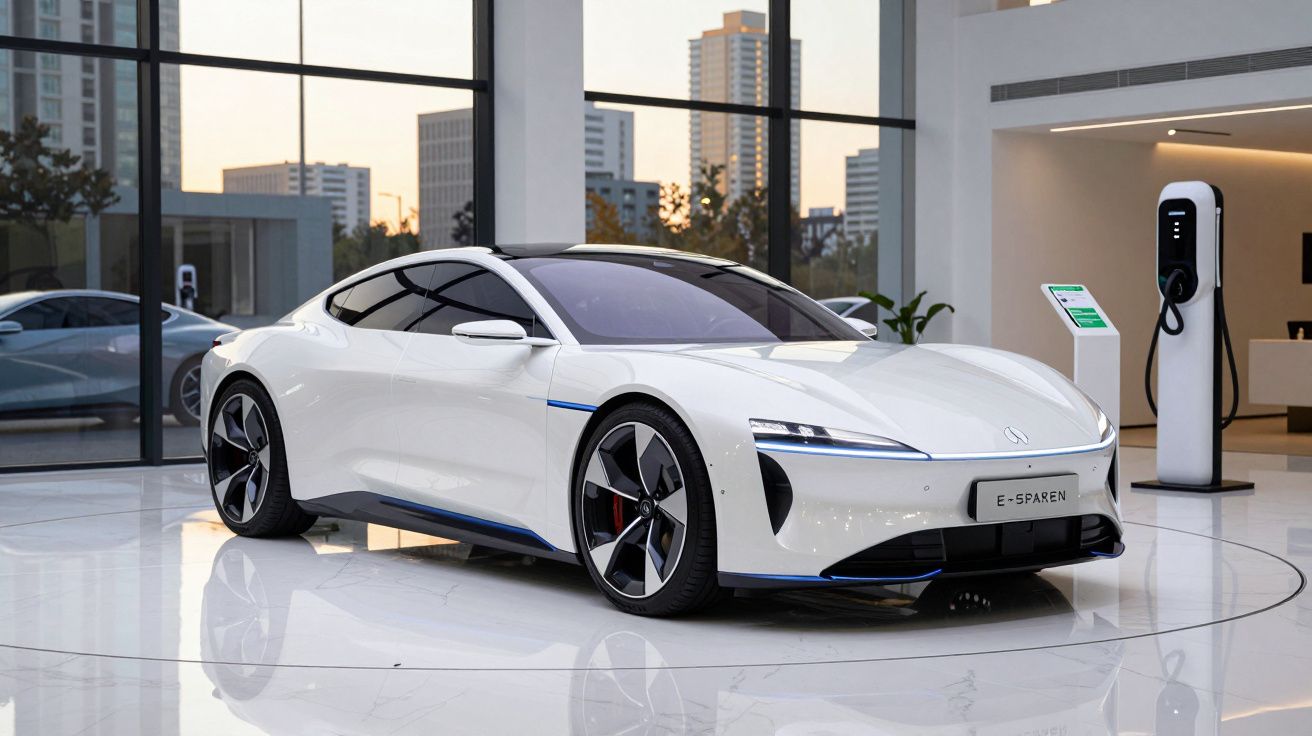 Carro elétrico branco e moderno exposto num showroom com estação de carregamento ao fundo.