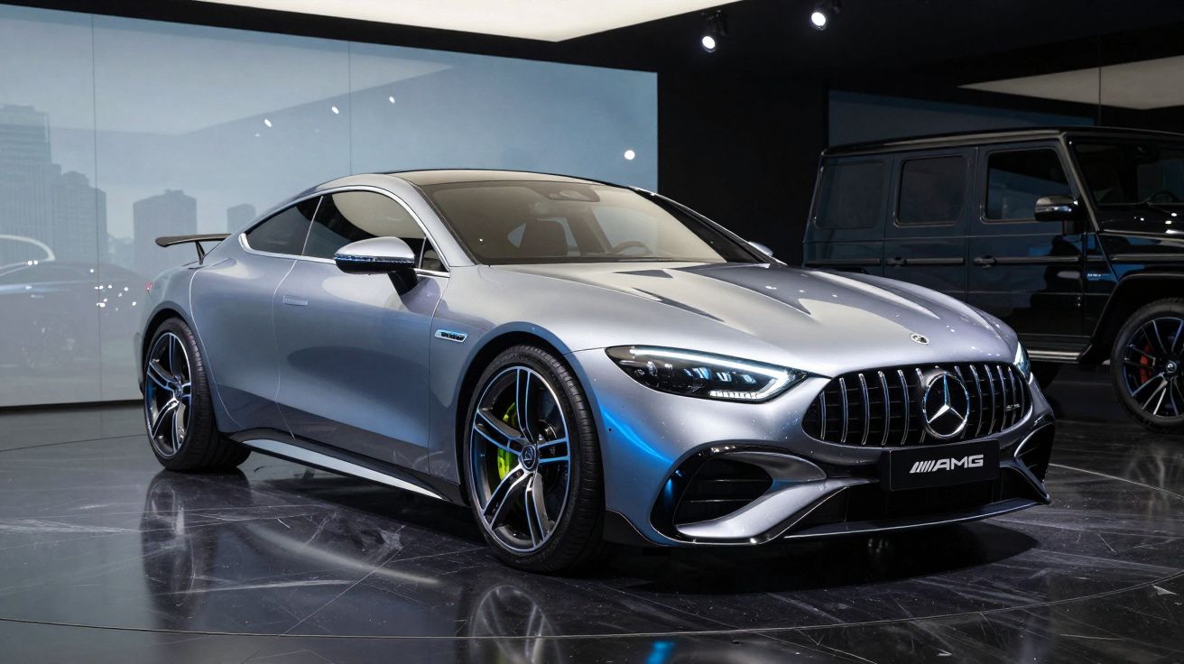 Carro desportivo prata Mercedes-Benz AMG estacionado em salão com outro veículo ao fundo.