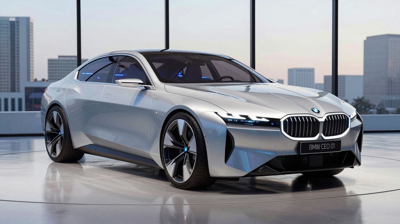 Carro elétrico BMW CEO 01 cinza metálico estacionado num showroom com janelas grandes e vista urbana.