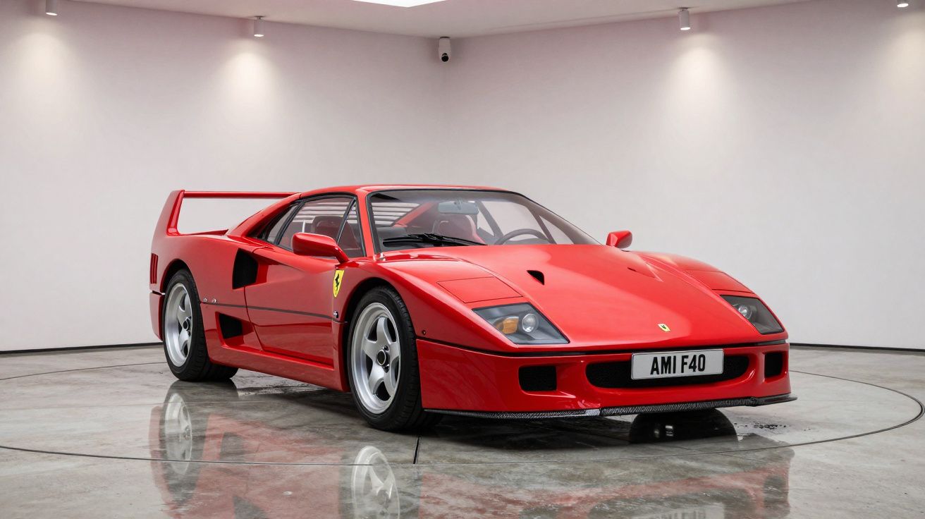 Carro desportivo vermelho Ferrari F40 estacionado em ambiente interior minimalista com chão espelhado.