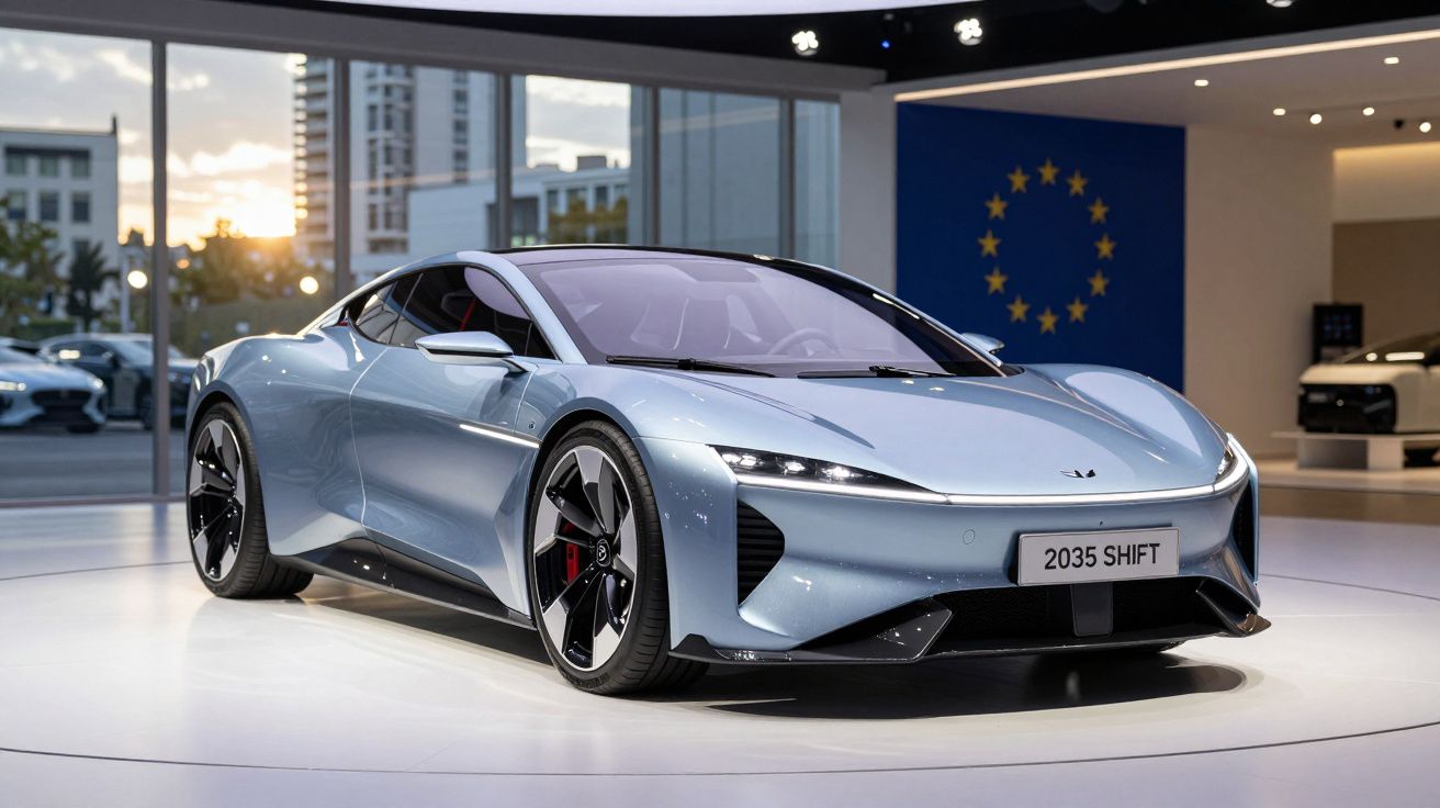 Carro desportivo elétrico cinza prateado modelo 2035 SHIFT exposto num salão com bandeira da União Europeia.