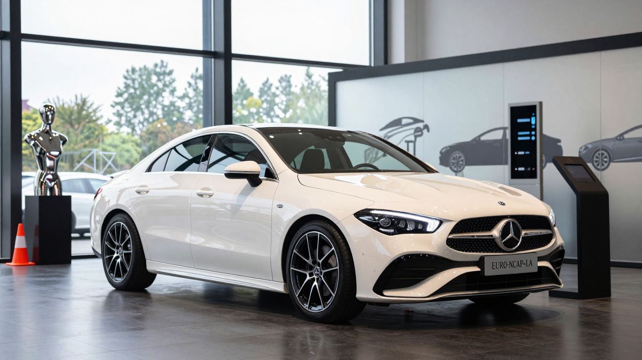 Carro Mercedes-Benz branco exposto numa sala moderna com janelas grandes e decoração minimalista.