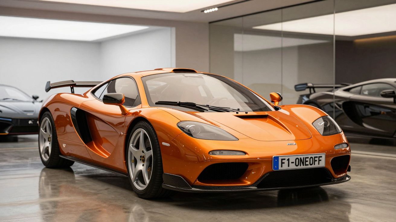 Carro desportivo laranja estacionado numa garagem moderna com paredes espelhadas e outros carros ao fundo.