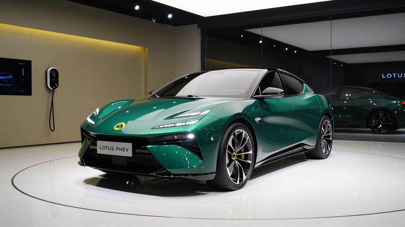 Automóvel desportivo verde Lotus PHEV exposto em showroom moderno com iluminação branca.