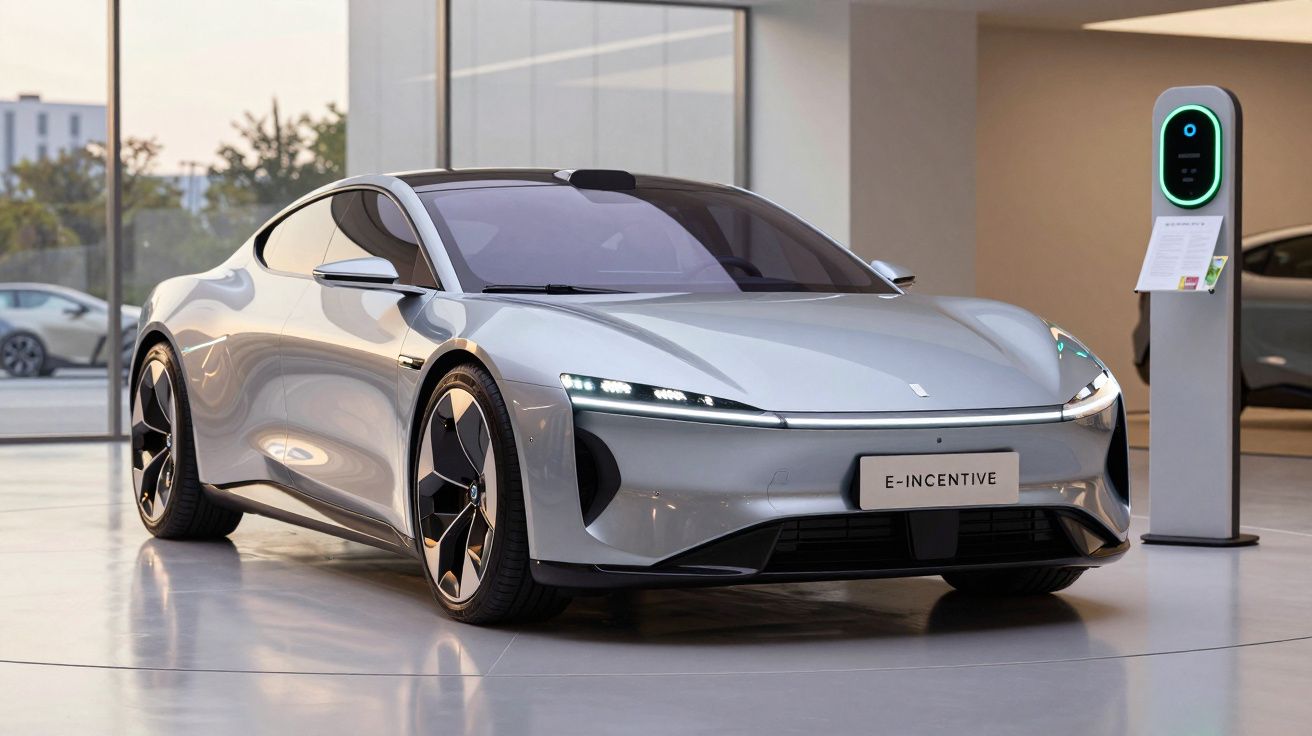 Carro elétrico desportivo prateado estacionado em salão com posto de carregamento ao lado.