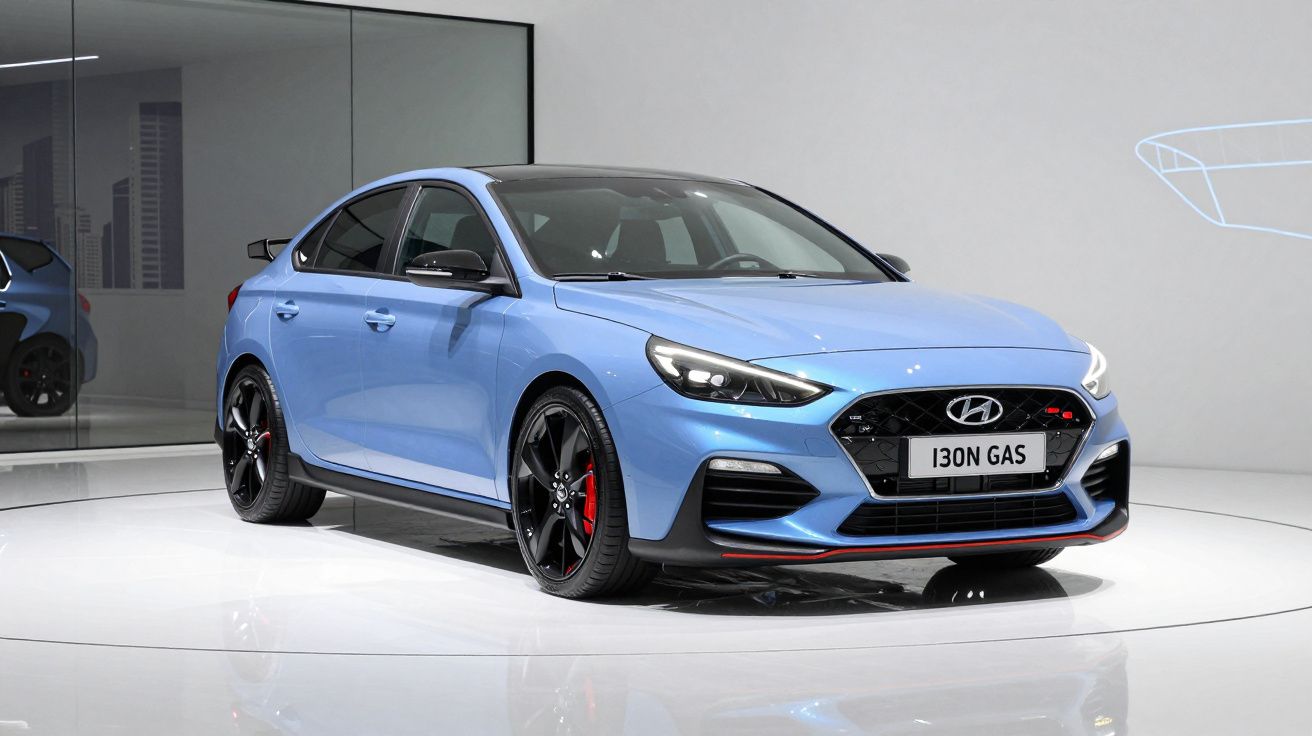 Carro Hyundai i30N Gas cor azul com detalhes vermelhos exposto em salão moderno e iluminado.