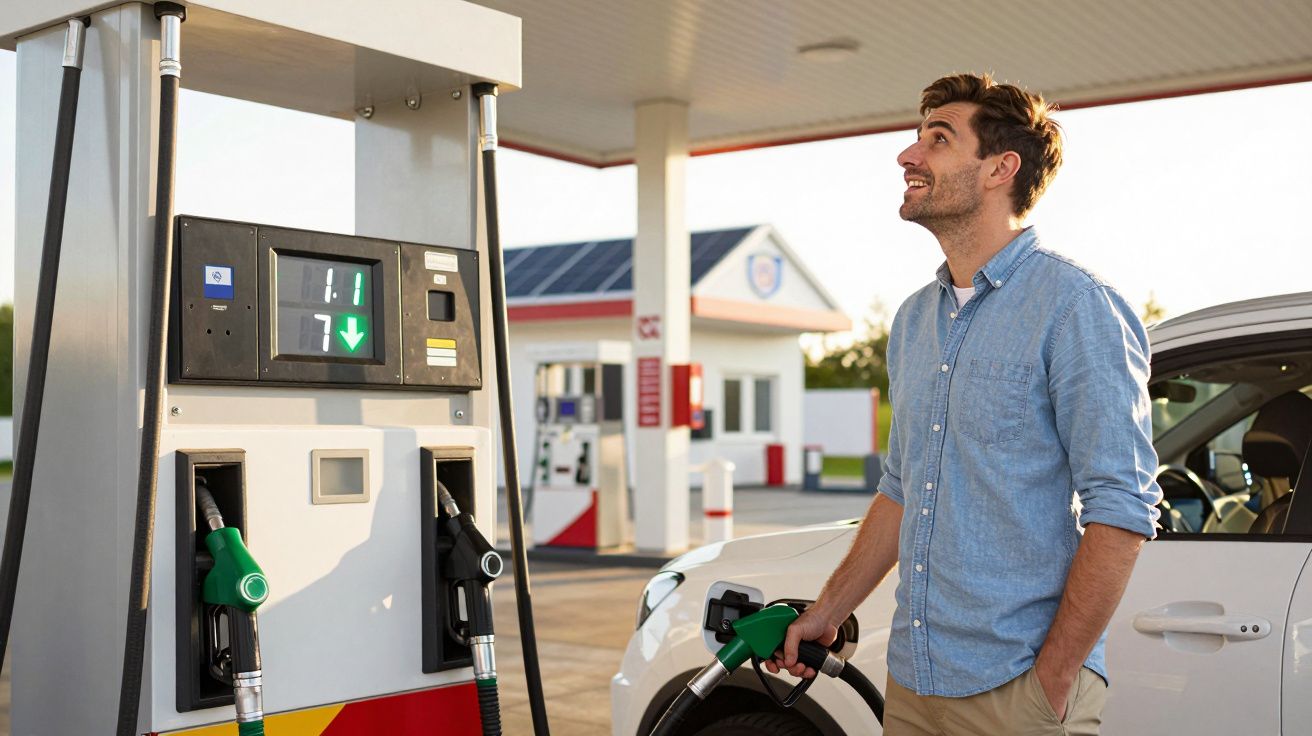 Homem de camisa azul abastece carro branco numa estação de combustível ao ar livre.