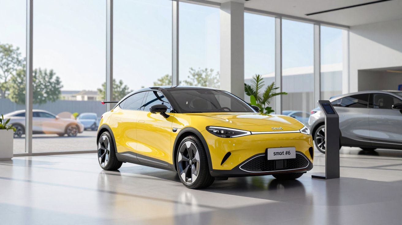 Carro elétrico Smart #6 amarelo exibido numa sala de exposição com janelas grandes e outros carros ao fundo.