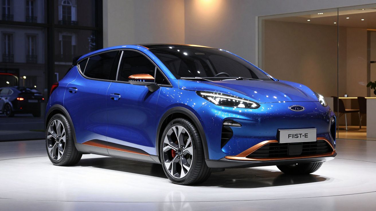 Carro elétrico compacto azul com detalhes laranja exposto em ambiente interno moderno à noite.