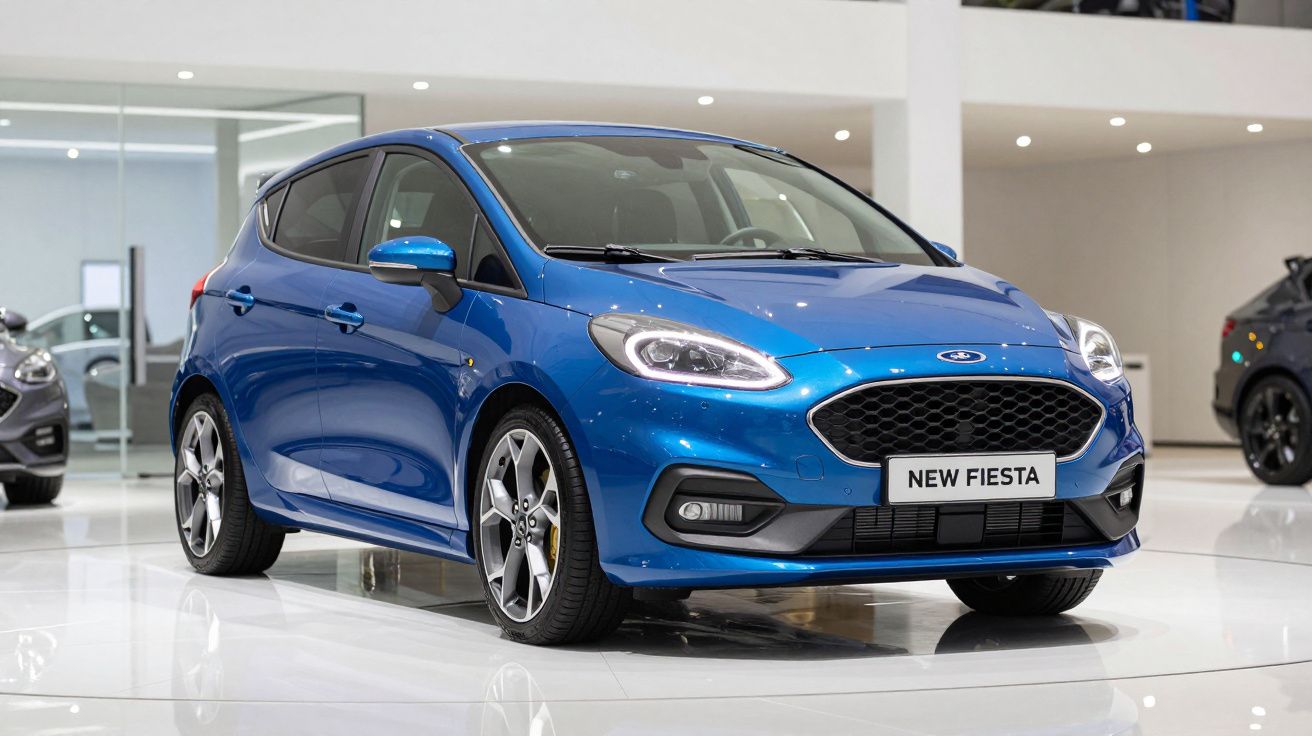 Carro Ford New Fiesta azul exposto em stand moderno com chão brilhante e paredes claras.