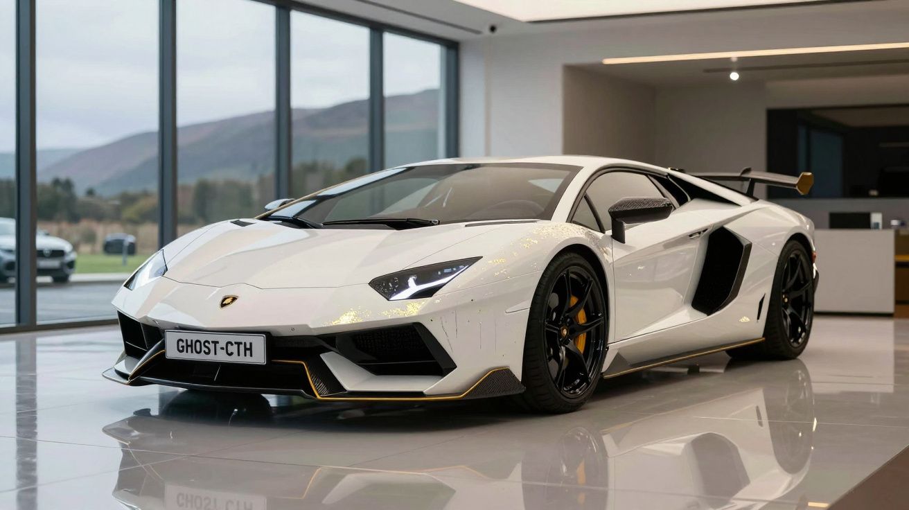 Carro desportivo Lamborghini branco estacionado num showroom moderno com janelas amplas e vista para montanhas.
