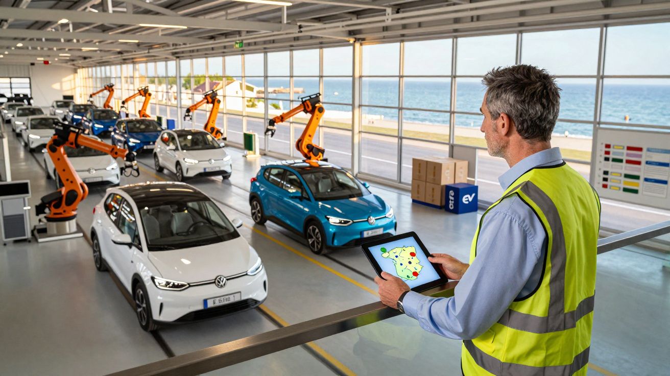 Homem com colete de segurança observa linha de montagem de carros elétricos com braços robóticos numa fábrica moderna.