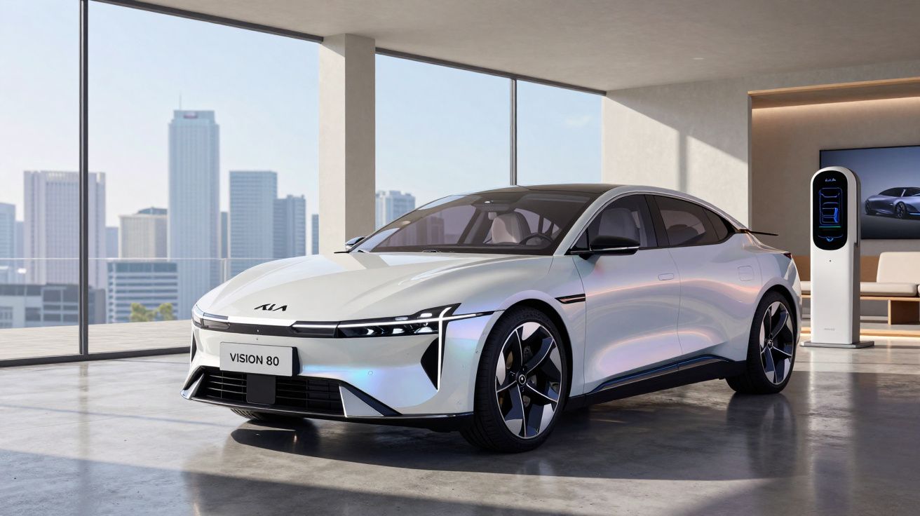 Carro elétrico Kia Vision 80 branco estacionado num espaço interior moderno com grandes janelas e carregador.