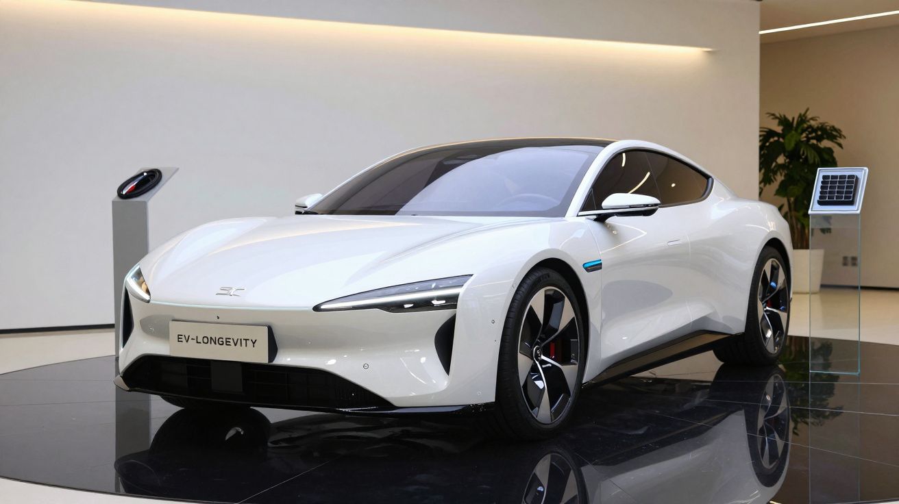 Carro elétrico branco de design moderno e elegante exposto em ambiente minimalista interior.