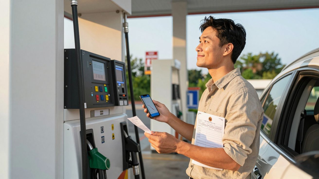 Homem junto a bomba de combustível, segurando telemóvel e recibo numa bomba de gasolina ao ar livre.