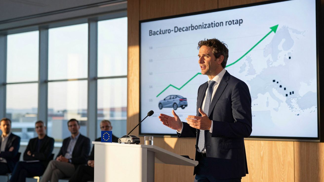 Homem a apresentar gráficos de descarbonização automóvel em conferência com audiência e bandeira da UE.