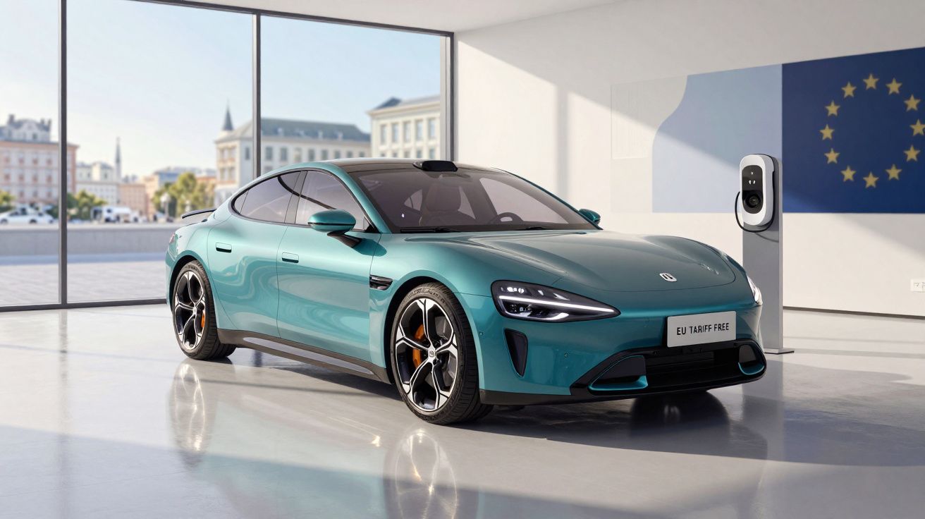 Carro elétrico azul num showroom moderno com parede decorada com bandeira da União Europeia.