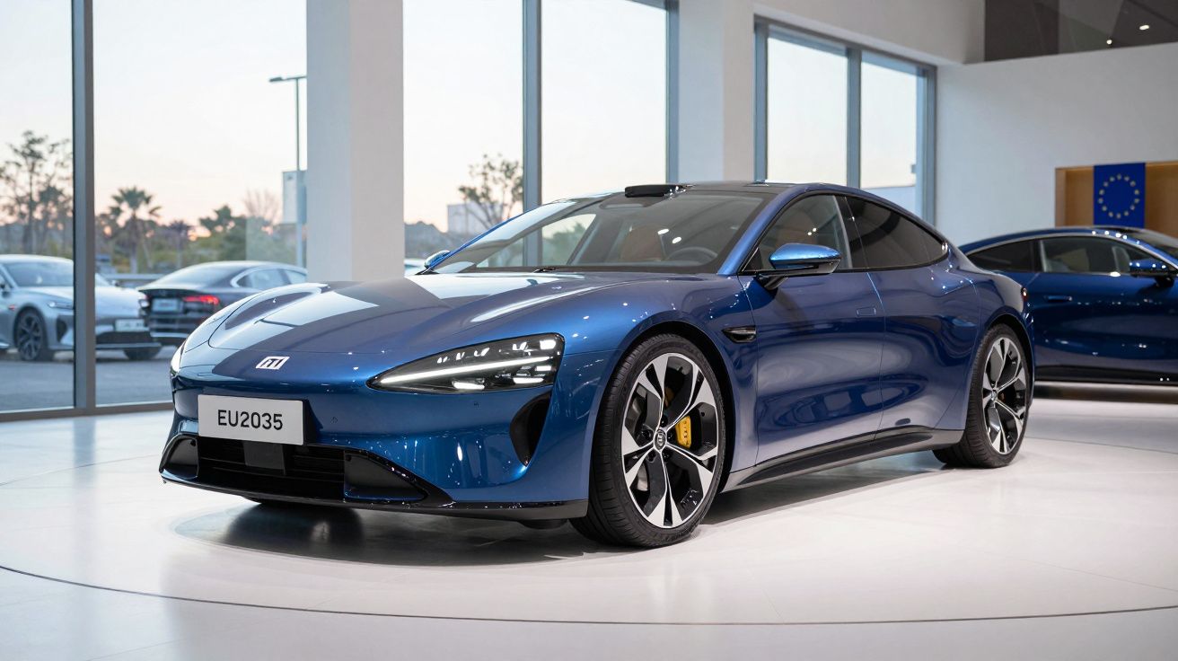 Carro elétrico desportivo azul exposto num showroom moderno com grandes janelas panorâmicas.