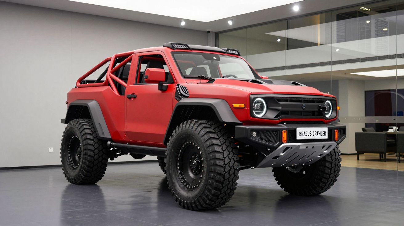 Veículo off-road vermelho com pneus grandes exposto num espaço interior moderno e minimalista.