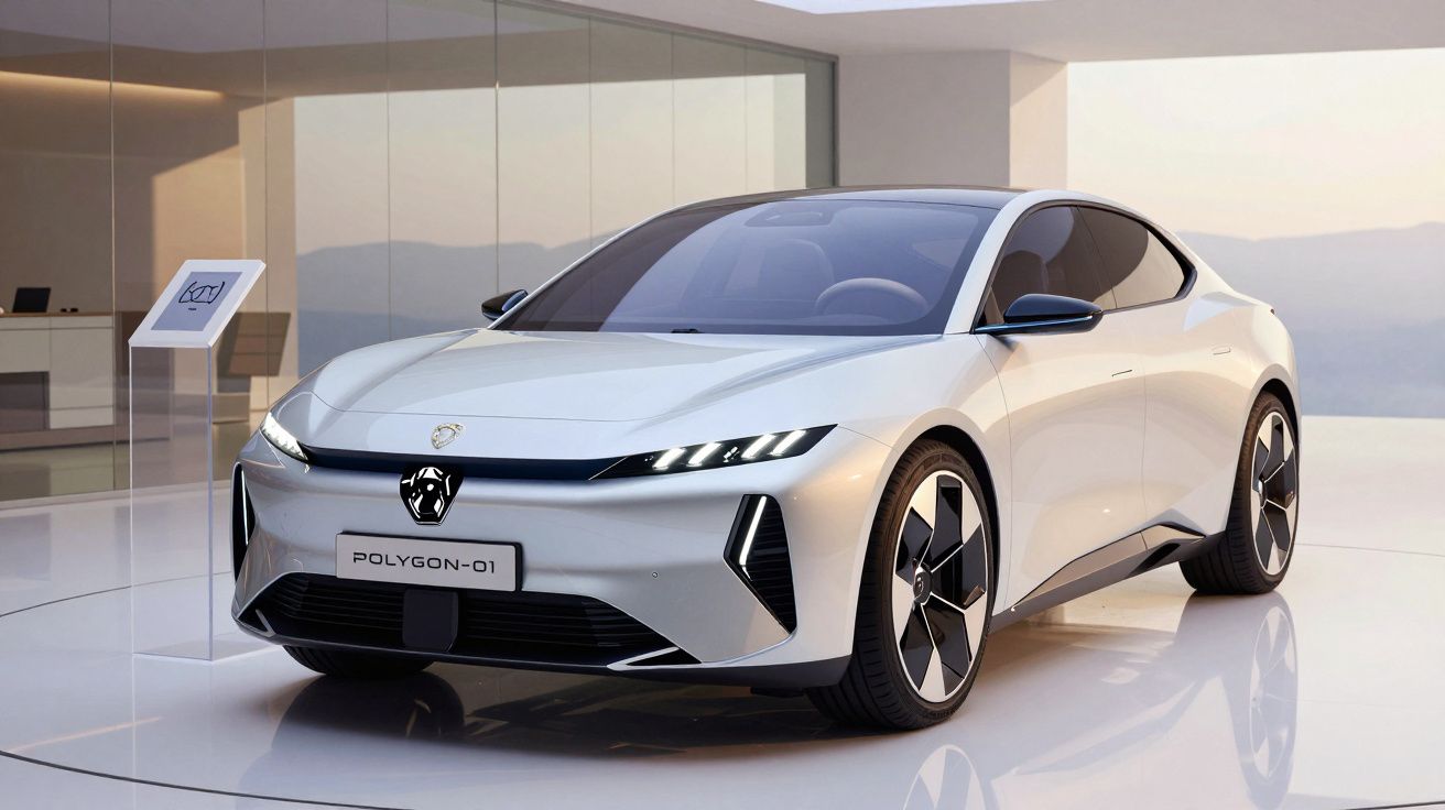 Carro elétrico moderno branco com design aerodinâmico exposto em ambiente minimalista e luminoso.