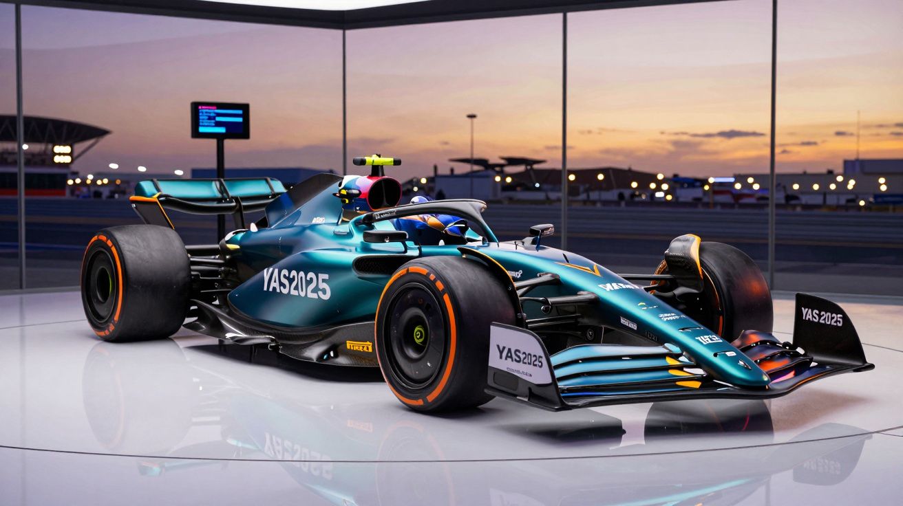 Carro de Fórmula 1 da equipa Aston Martin com inscrição YAS2025 em exposição sob luz ao pôr do sol.