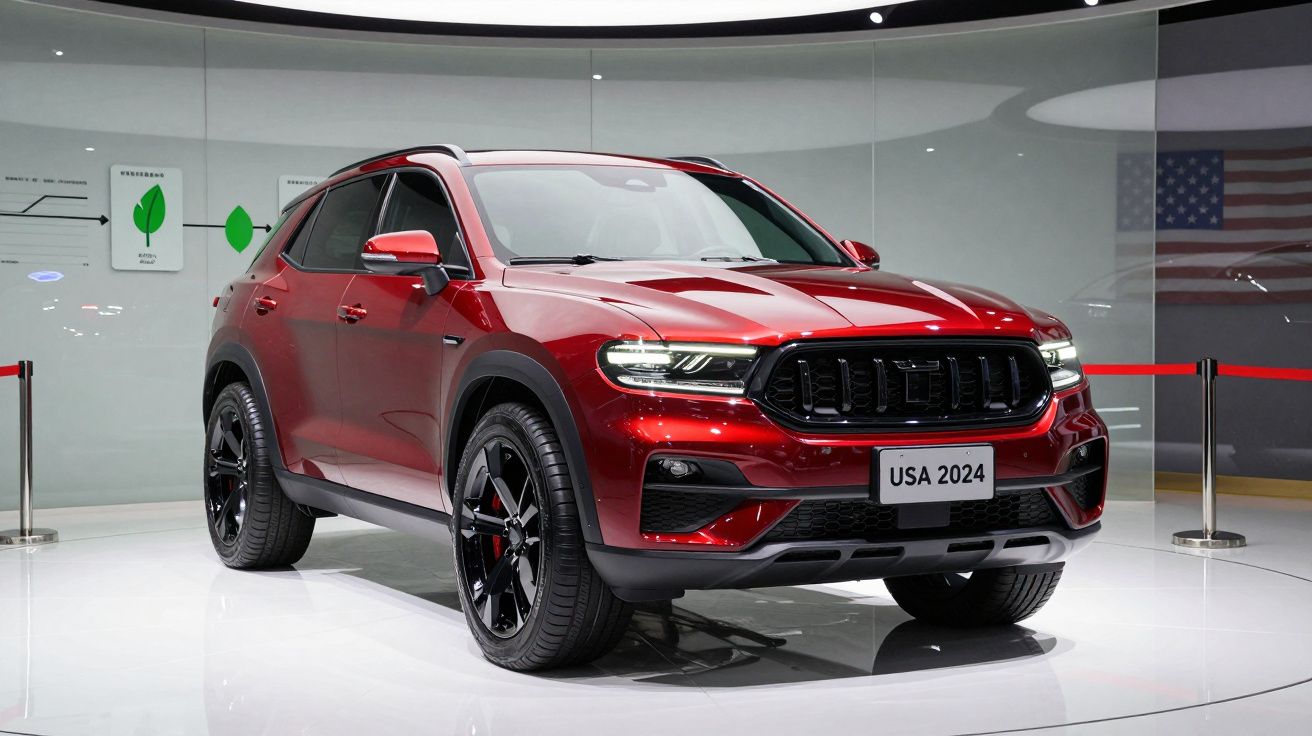 SUV vermelho de 2024 em exposição, com faróis ligados e matrícula branca "USA 2024" em ambiente moderno.