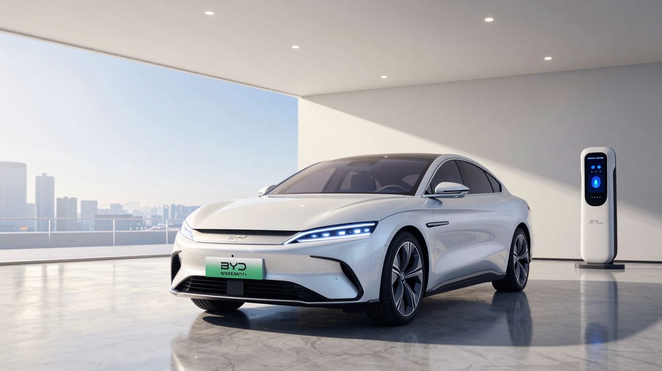 Carro elétrico branco estacionado perto de posto de carregamento em garagem moderna com vista para a cidade.