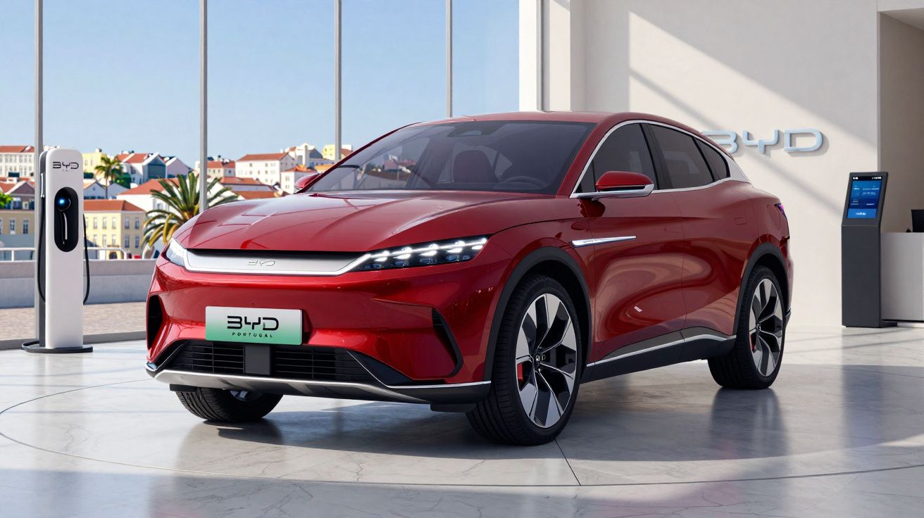 Carro elétrico vermelho BYD numa sala de exposição moderna com estação de carregamento ao lado.