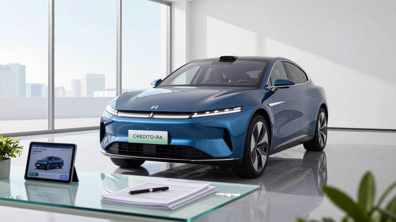 Carro elétrico azul estacionado numa sala moderna com janelas grandes e mesa de vidro à frente.