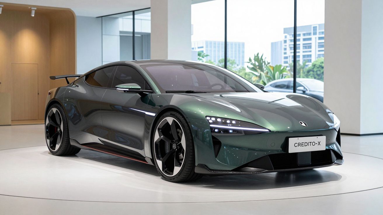 Carro desportivo elétrico verde escuro com design aerodinâmico exposto em salão moderno.