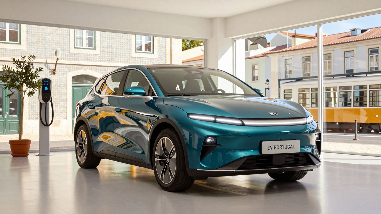 Carro elétrico azul metálico estacionado numa sala com parede de vidro e carregador elétrico junto a uma janela.