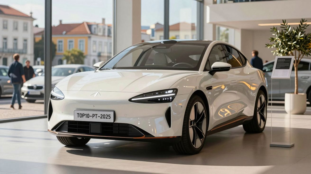 Carro elétrico branco moderno exposto numa sala de showroom com janelas amplas e pessoas ao fundo.