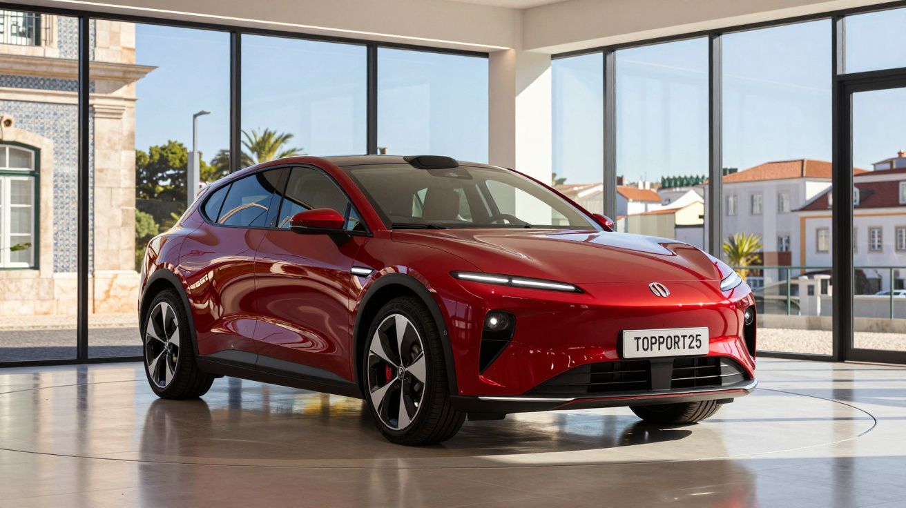 Carro elétrico vermelho moderno num showroom com janelas grandes e vista urbana ao fundo.