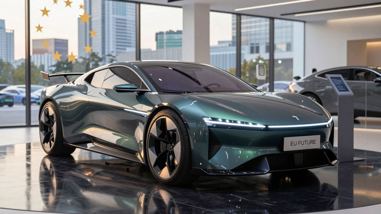 Carro desportivo elétrico verde num showroom moderno com grandes janelas e decoração de estrelas.