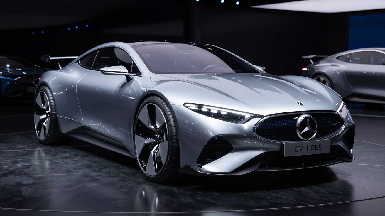 Carro desportivo elétrico Mercedes-Benz EV-Tires cinzento com design moderno e linhas aerodinâmicas.