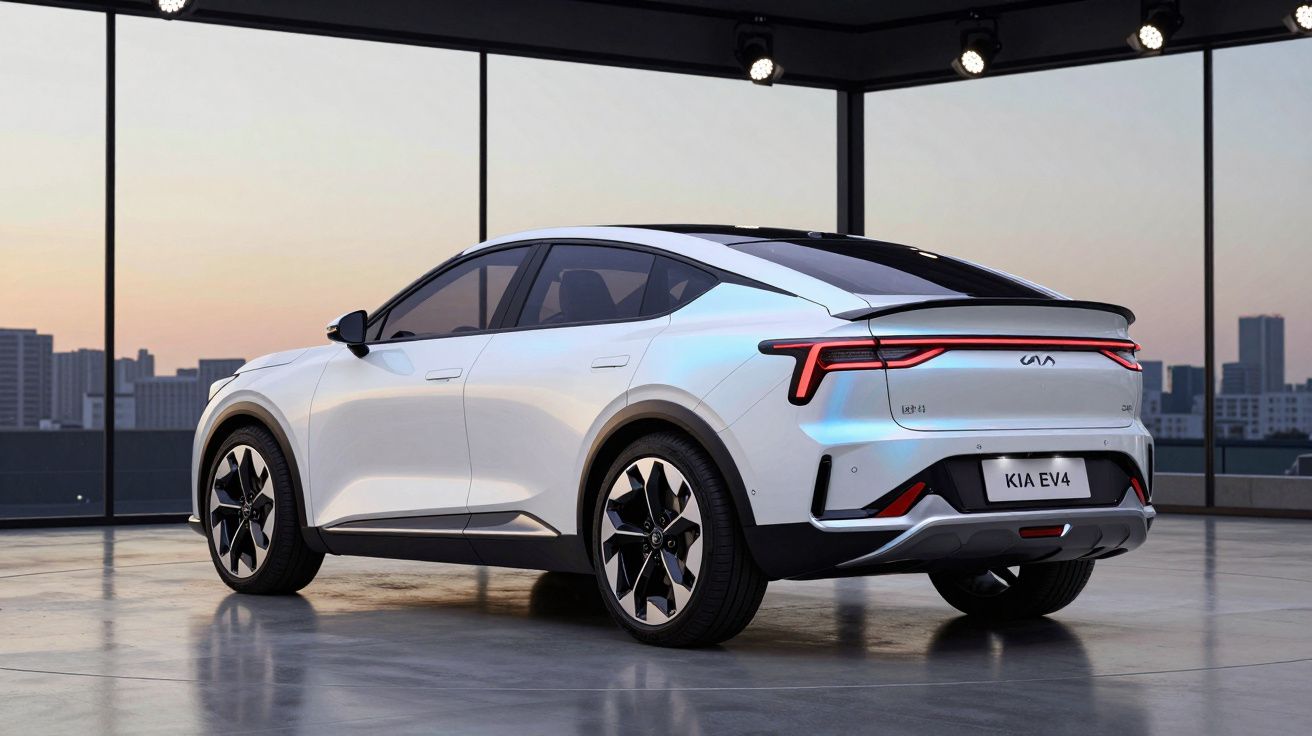 Carro elétrico branco Kia EV4 estacionado numa garagem com paredes de vidro e vista urbana ao pôr do sol.