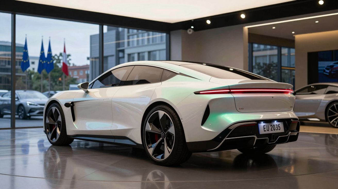 Carro desportivo elétrico branco estacionado em showroom moderno com janelas amplas e bandeiras ao fundo.