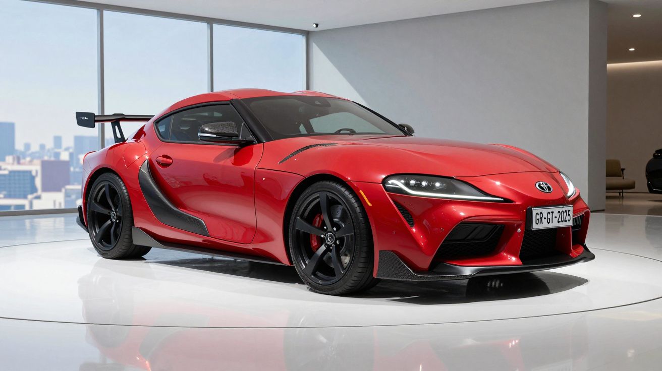 Carro desportivo vermelho com design aerodinâmico e spoiler traseiro exposto em showroom moderno.