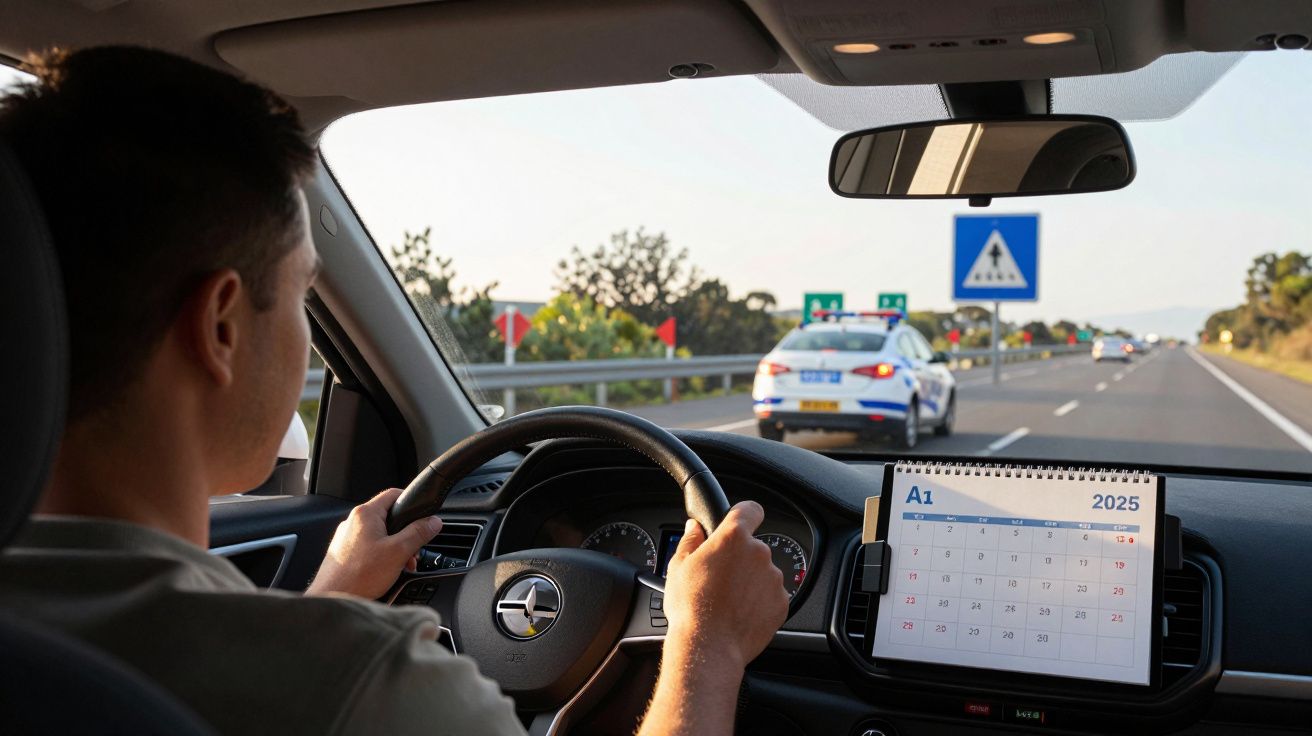 Homem a conduzir carro atrás de viatura da polícia numa autoestrada, com calendário de 2025 no tablier.